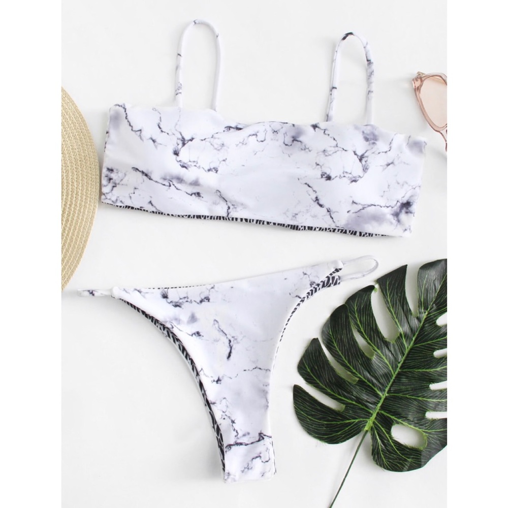 Spaghetti Strap Top Bikini Set. Marble Pattern.
